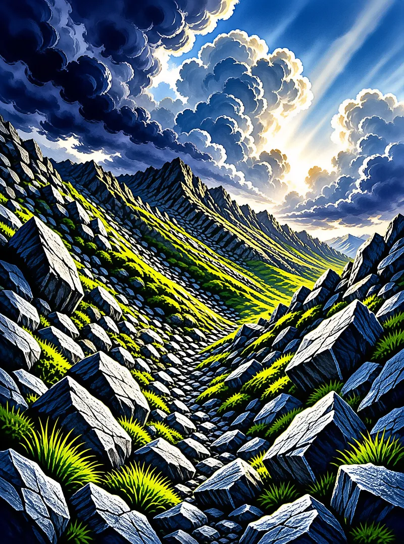 Jagged rocks and green vegetation line a steep valley while bright sunbeams pierce through a cloudy sky.