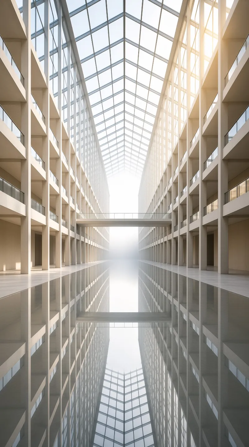 Sunlit balconies stack along a hazy hall whose polished floor doubles the pointed grid of the skylight.