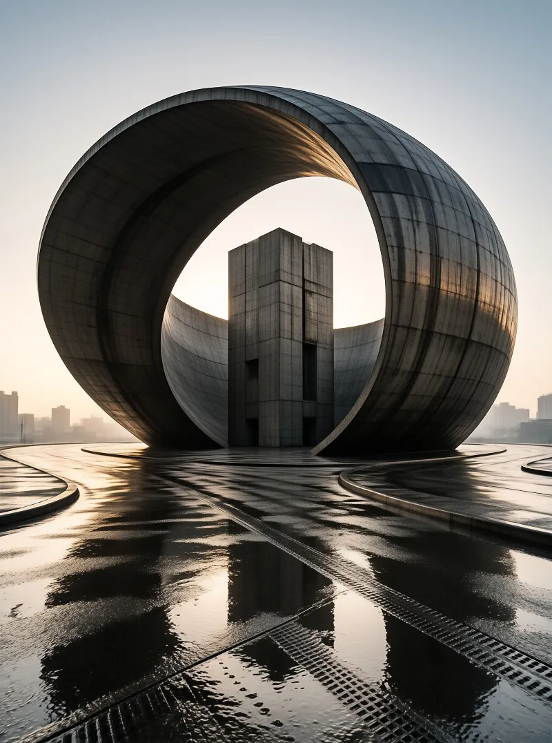 A massive circular concrete structure frames a rectangular building while wet pavement reflects the warm sunlight.