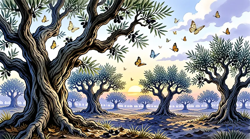 Twisted olive trunks dominate the foreground while colorful butterflies fly above the grove under a soft orange sky.