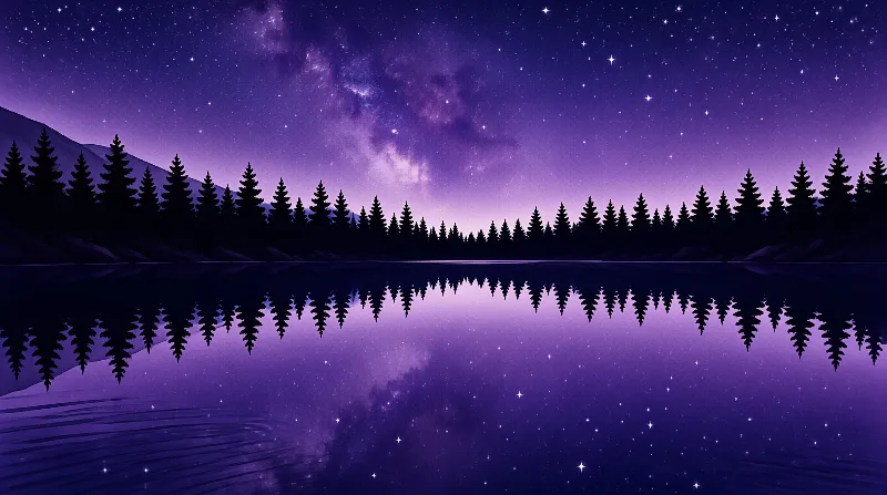 Silhouetted evergreen trees line the shore of a still lake that mirrors the deep purple starfilled night sky above.