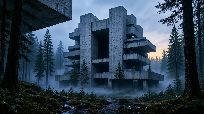 Concrete Building in Misty Forest