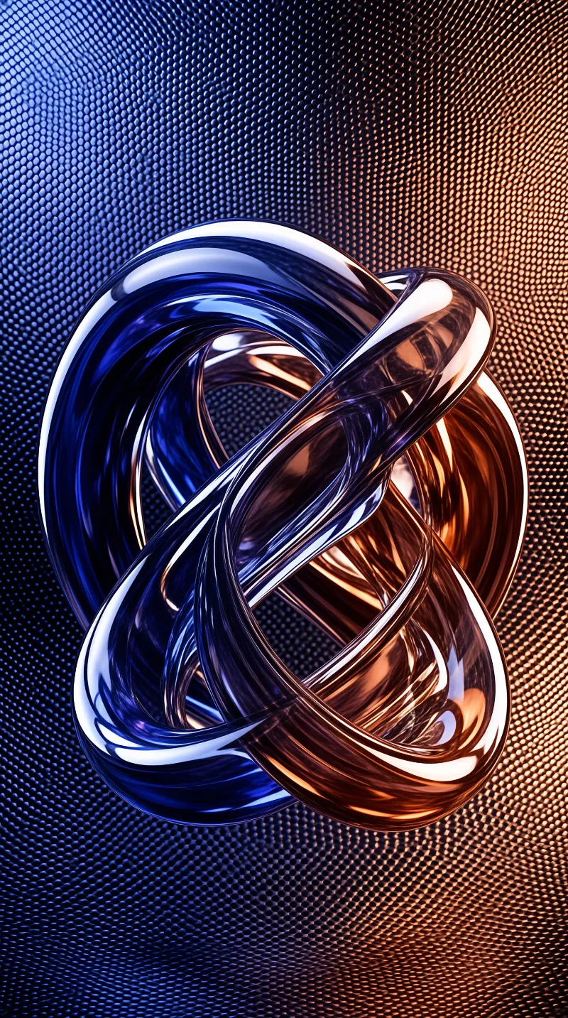 Interlocking glossy loops shift from deep blue to warm copper against a matching dotted gradient field.