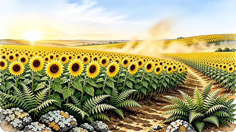 Sunflower fields extend toward the horizon under a glowing sky, with mist over hills and ferns beside a path.