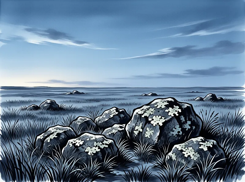 Stylized illustration of lichen-covered rocks in a blue-toned grassland with distant water and a serene sky.