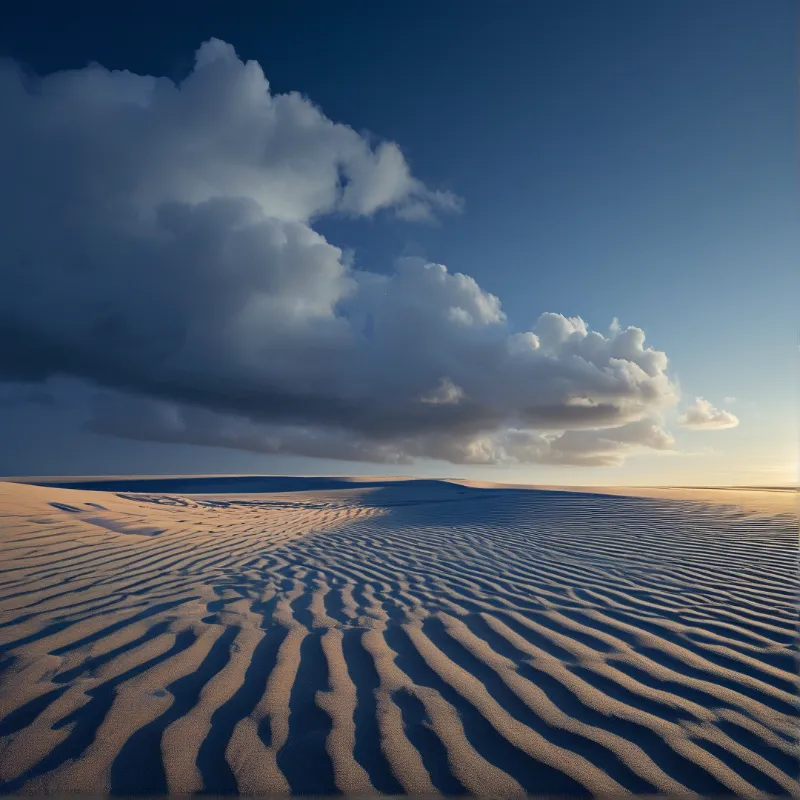 Vast desert with rippled sand dunes stretching to horizon under dramatic clouds, lit from right casting sharp shadows.
