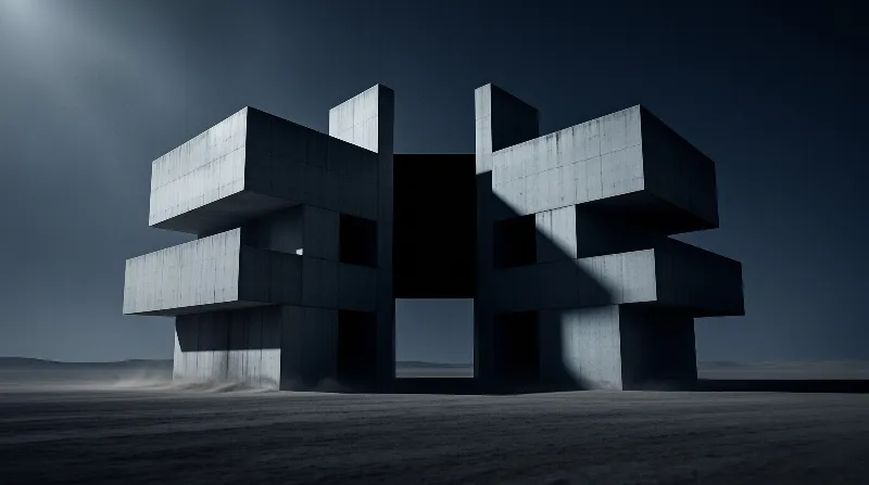 Massive geometric building with cantilevered blocks stands isolated in a desolate sandy landscape under dramatic shadow.