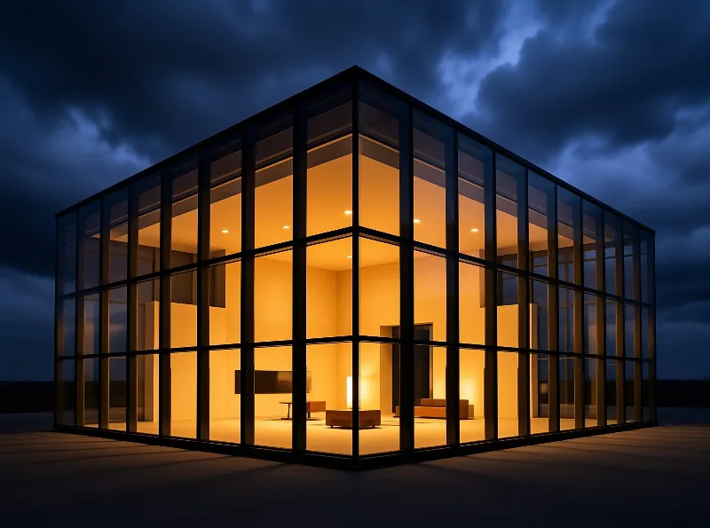 A modern glass structure glows with orange light inside while set against a dark blue cloudy sky.