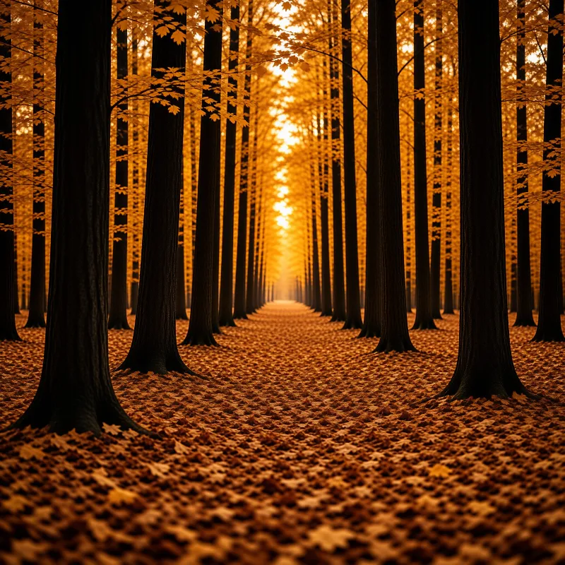 Tall vertical trunks frame a glowing corridor of orange foliage leading into a bright horizon.