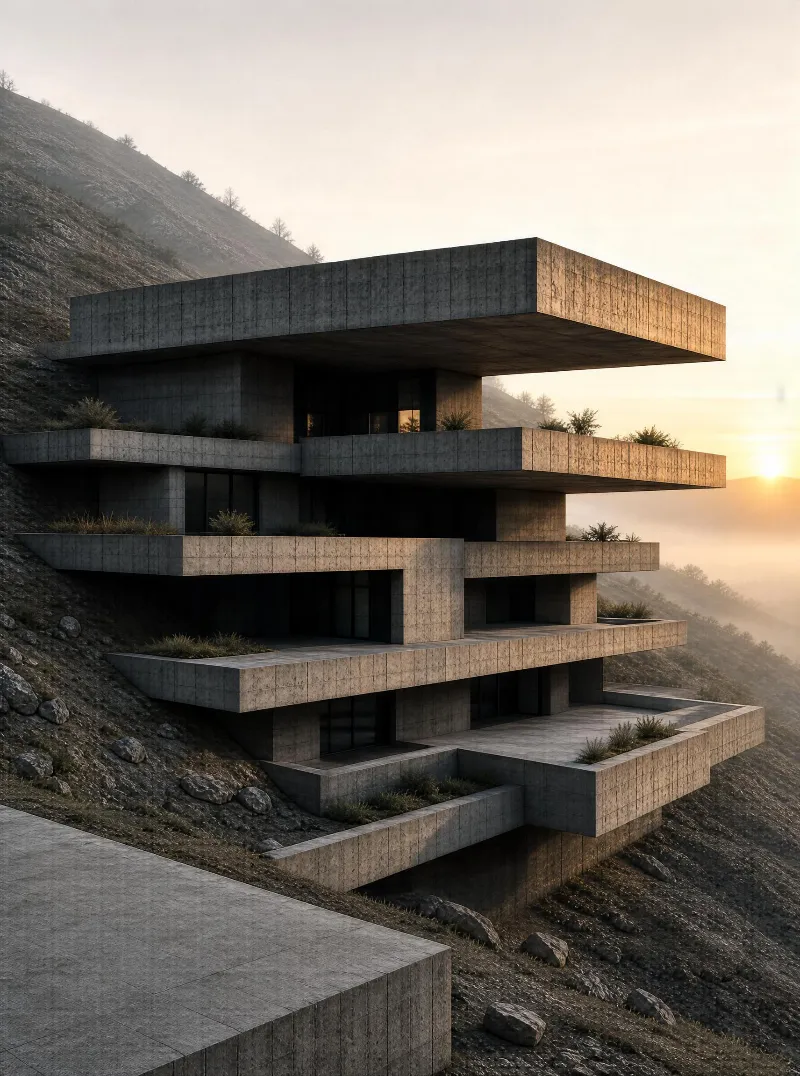 A multi-level concrete villa built into a hillside, with golden sunlight highlighting its cantilevered structure during the golden hour.