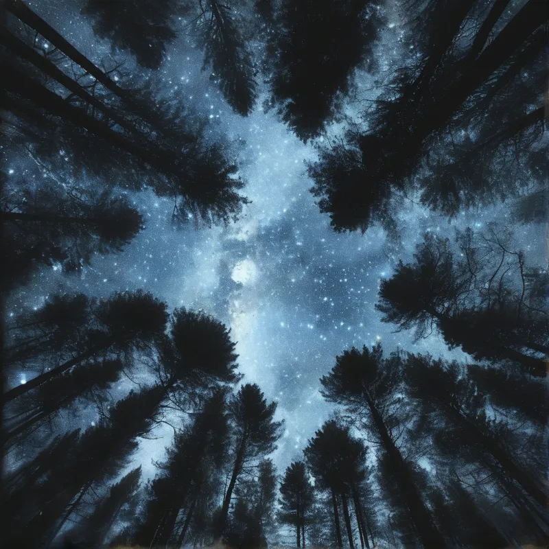 Looking straight up through dark silhouetted pine tops into a deep blue sky scattered with stars and the Milky Way.