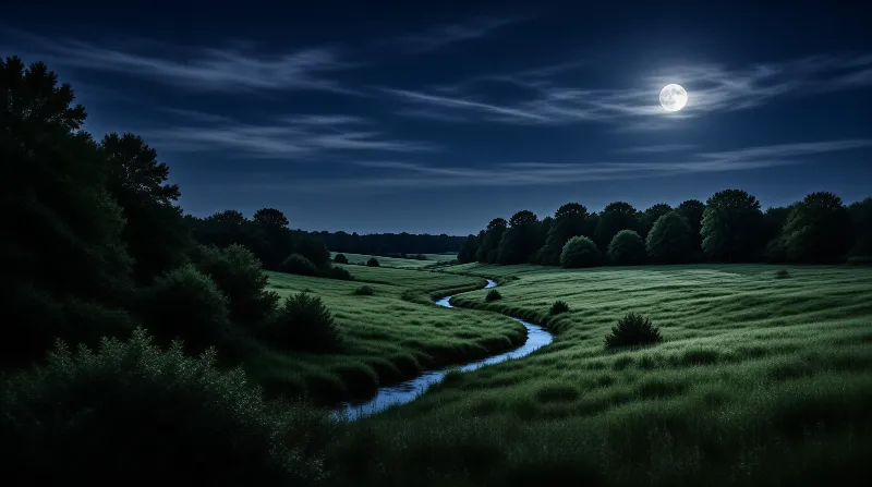 A bright full moon hangs in a dark blue sky above a winding river curving through a grassy field bordered by trees.