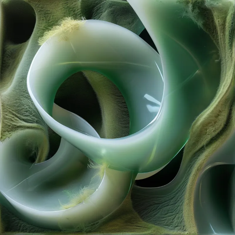 Pale green translucent glass coil curves against soft mossy green fuzzy textured surroundings with even gentle lighting