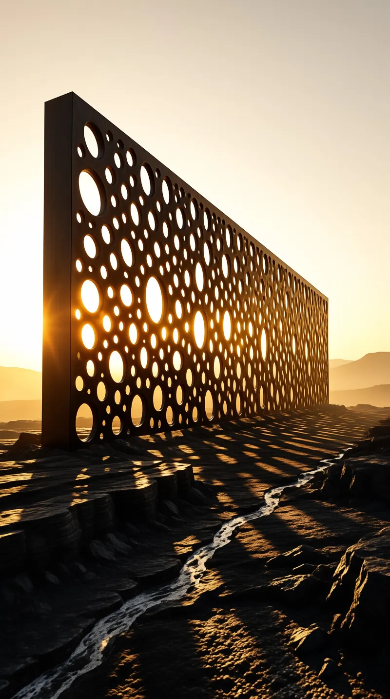 A tall perforated panel stands in a rocky landscape at sunset, casting intricate shadows across the ground.