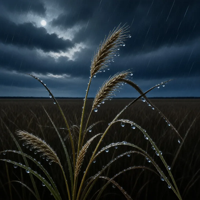 Wet wild reeds glisten with raindrops beneath a stormy night sky illuminated by a bright moon.