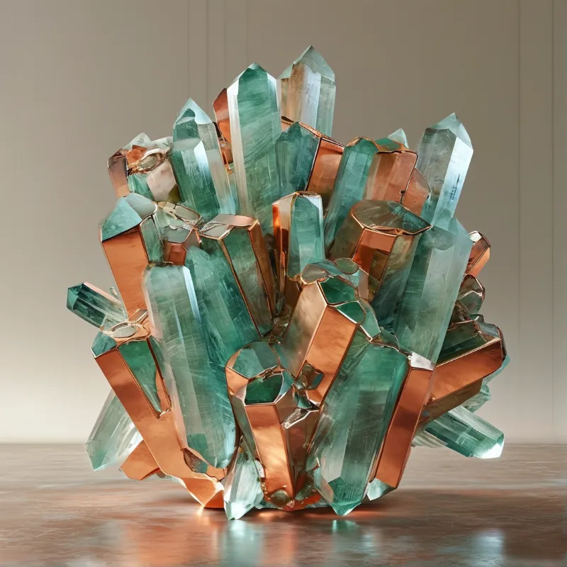 This artwork features translucent green spikes mixed with shiny copper shards on a wooden surface.