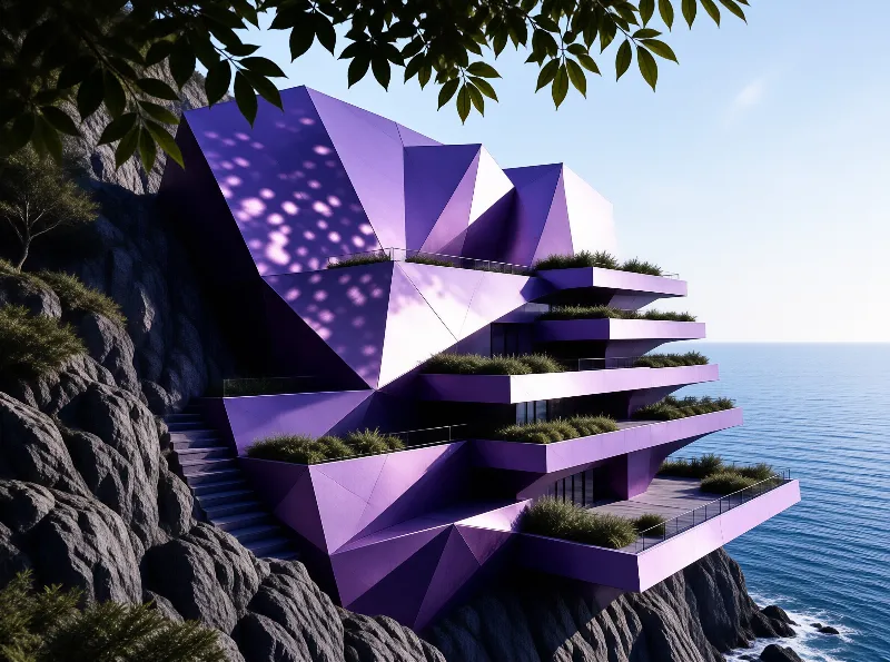 A futuristic lavender structure with sharp angles clings to a steep rock face near the sea under a clear sky.