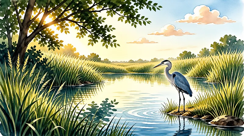 A blue heron wades at the water edge while warm light filters through riverside trees