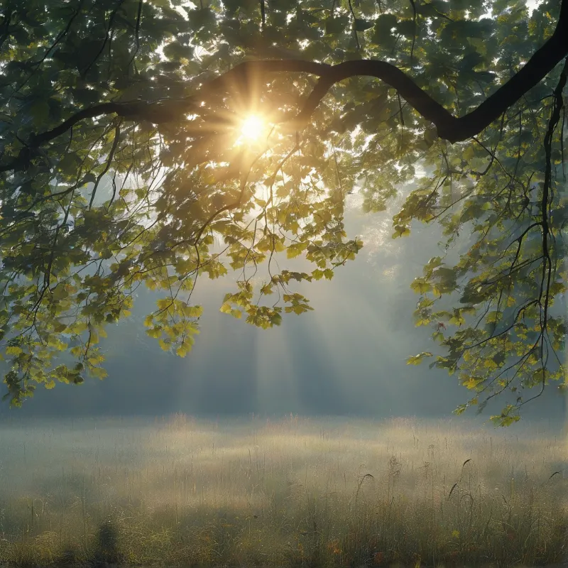 Sunbeams pierce through dense green leaves casting bright rays over a foggy meadow covered in tall grass.