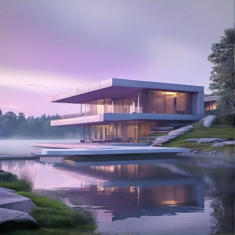 Modern villa on a platform over calm water under a pastel sky with mist near the shoreline