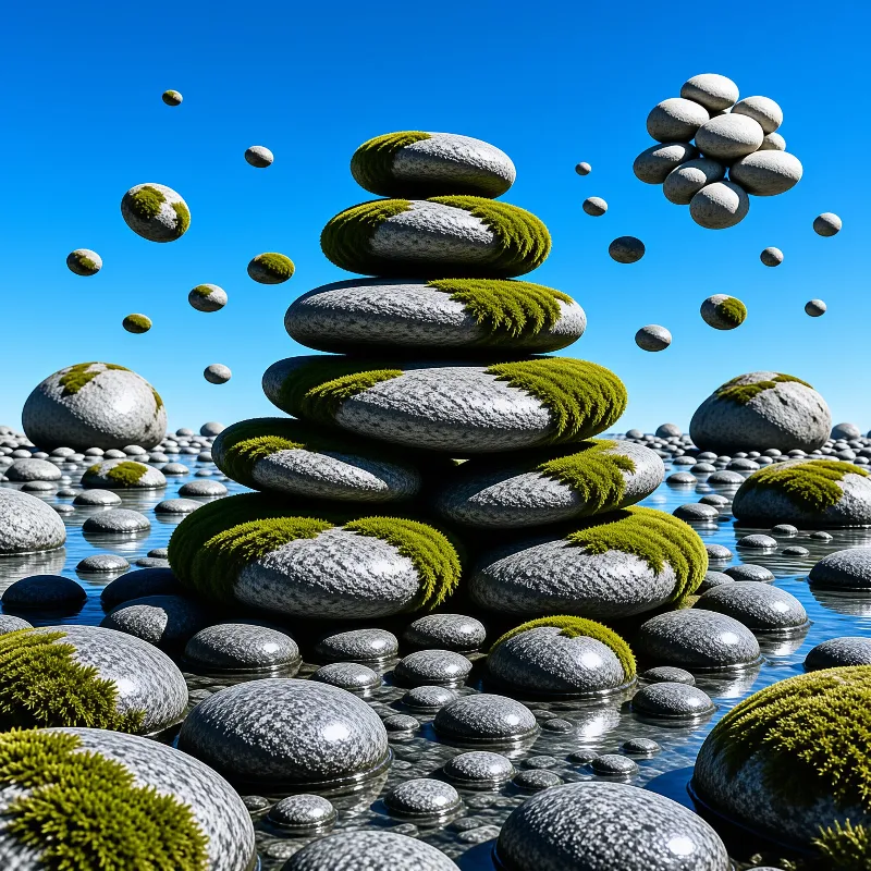 Mossy grey pebbles stack vertically while others float weightlessly above a reflective pool under a vivid sky.