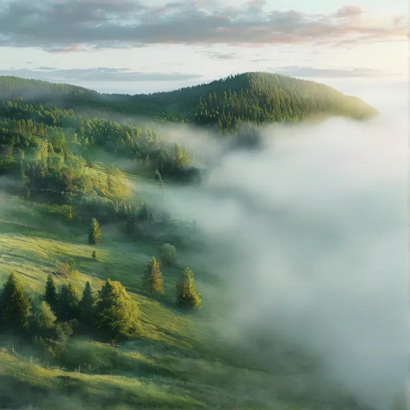 Low clouds pour across a sunlit hillside scattered with conifers, while forested ridges fade into a pale morning haze.