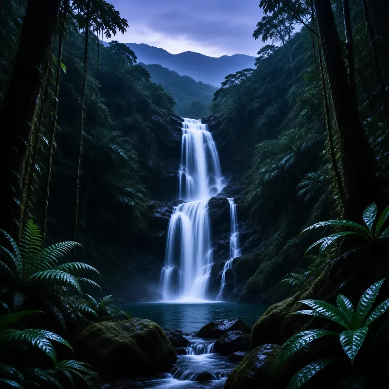 A multi-tiered waterfall cascades down mossy rocks in a dense tropical forest during twilight surrounded by large ferns and trees.