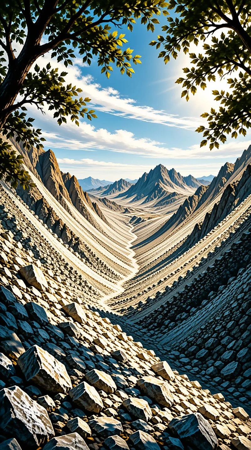 A pale stream bed snakes down a boulder strewn mountain valley, framed by sunlit green leaves overhead.