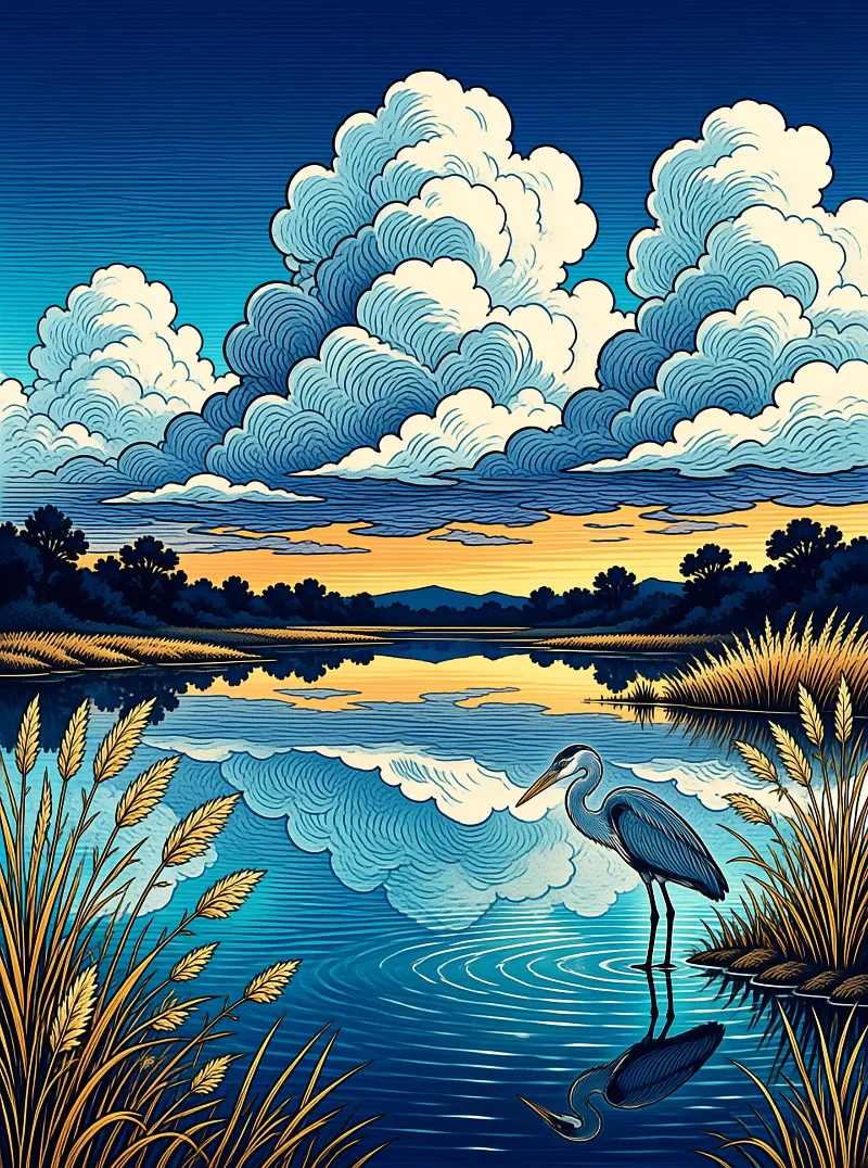 A blue heron stands in still water reflecting swirling clouds and a warm orange sunset sky framed by tall golden reeds