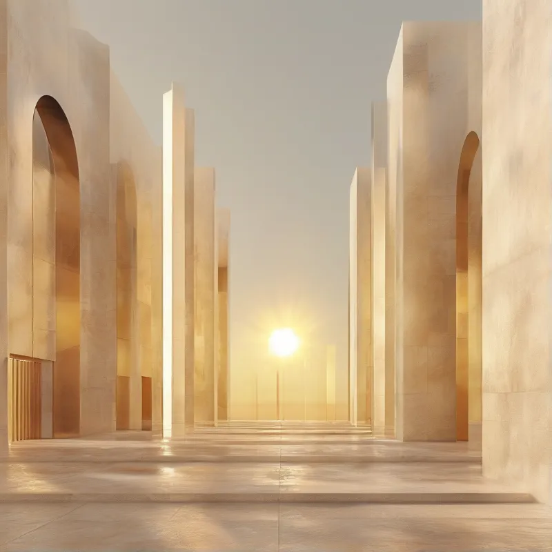 Tall smooth piers and arched niches frame a blazing sun at the end of a mirrored stone walkway.