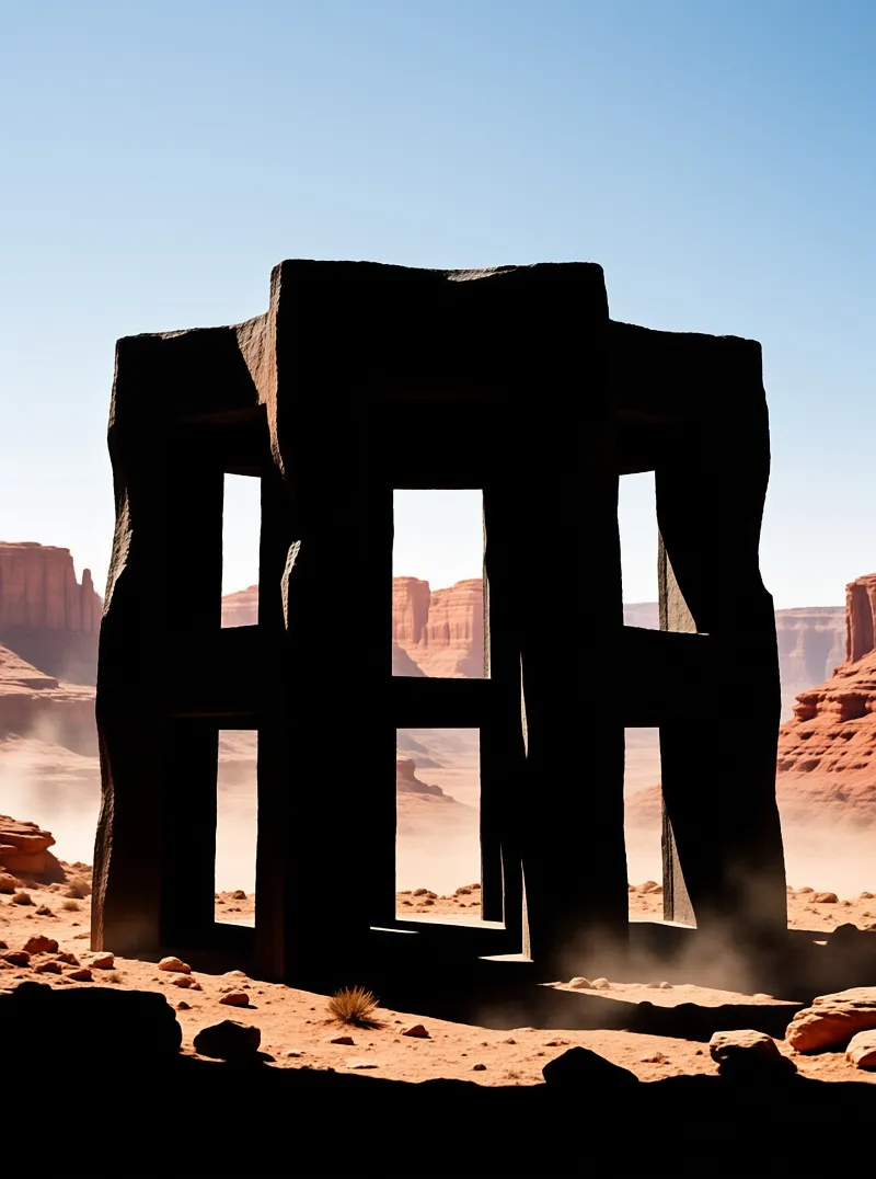 A large dark stone frame with cutouts sits in a desert with red mesas in the background under a bright sky.