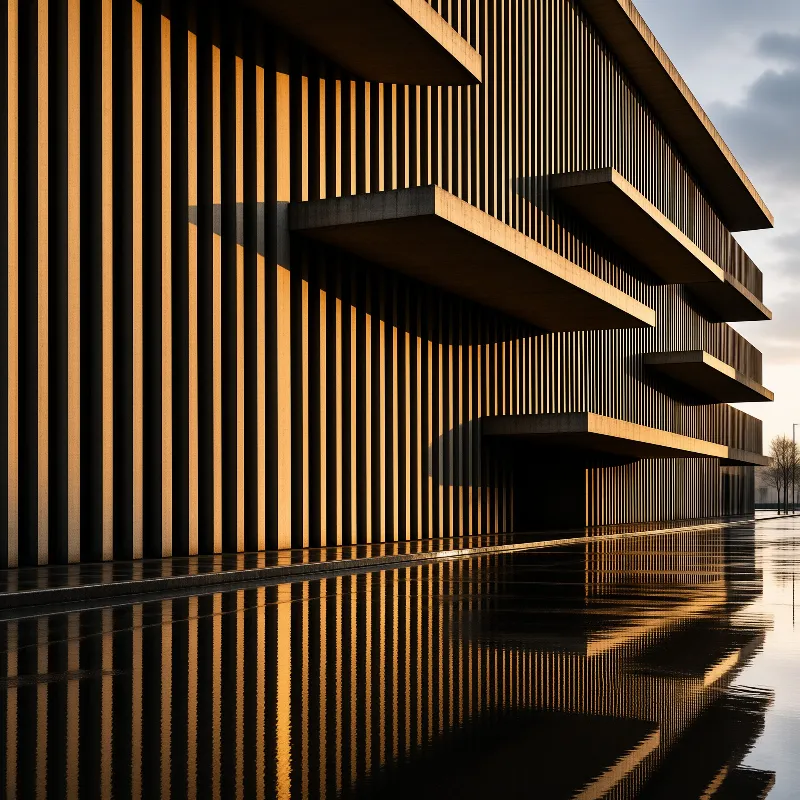 Warm sunlight illuminates vertical building louvers that cast long reflections across a wet concrete surface.
