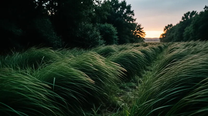 A field of tall green wheat bends in the wind, flanked by dark trees with a warm orange sunset on the horizon.