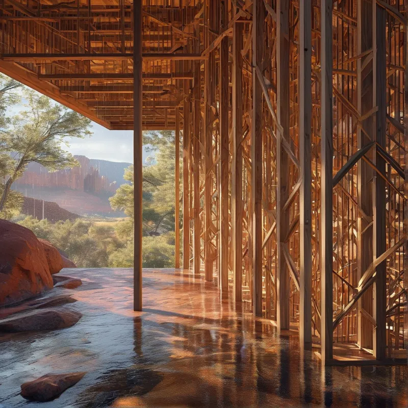 Vertical wooden construction framing overlooks a sunlit desert landscape with wet reflective floors.