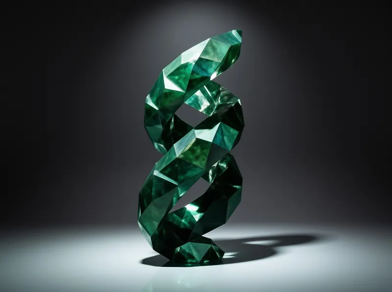 A twisted emerald crystal structure rests on a glossy white floor illuminated by focused studio light.