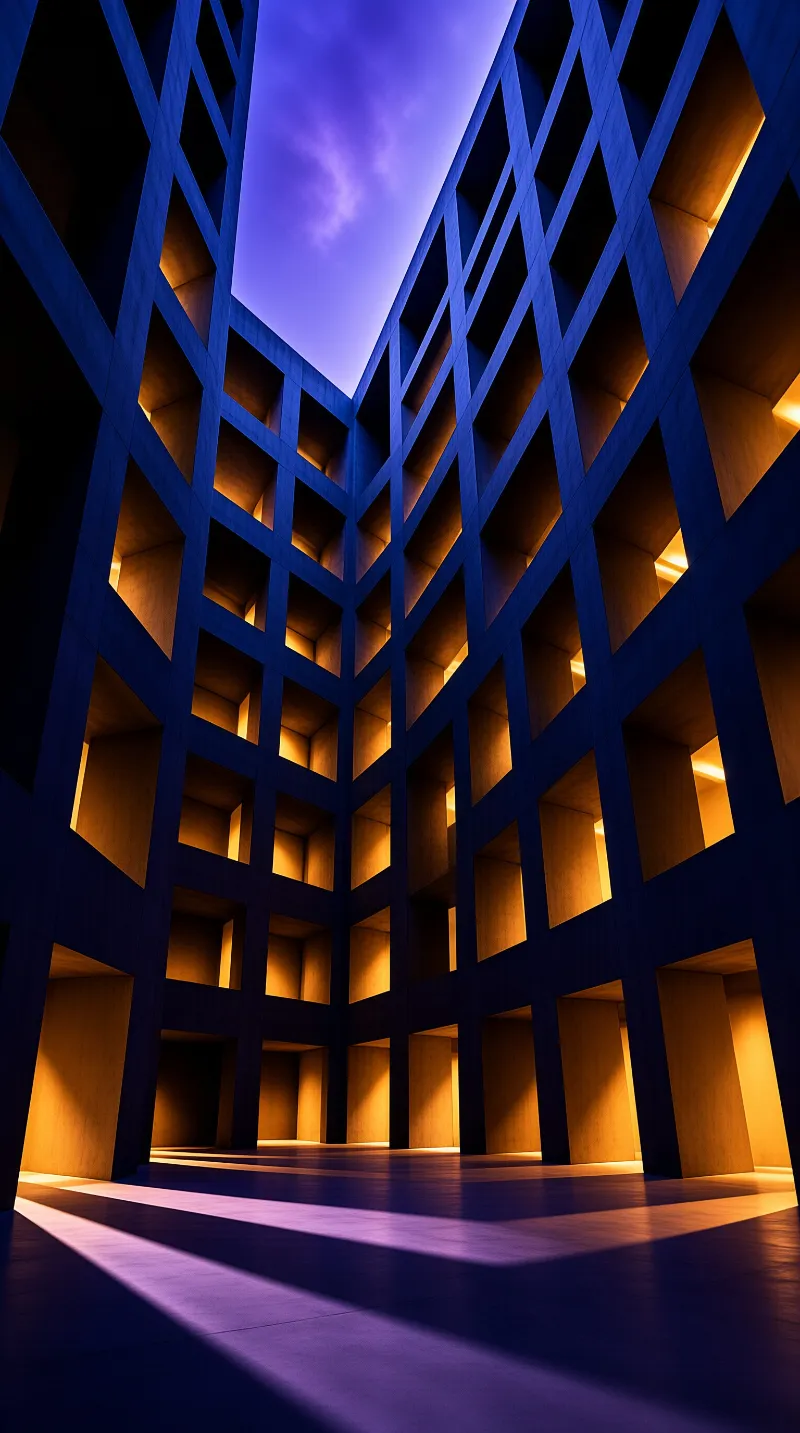 A tall geometric atrium with a grid of rectangular openings glows with warm yellow light against a deep blue twilight sky.