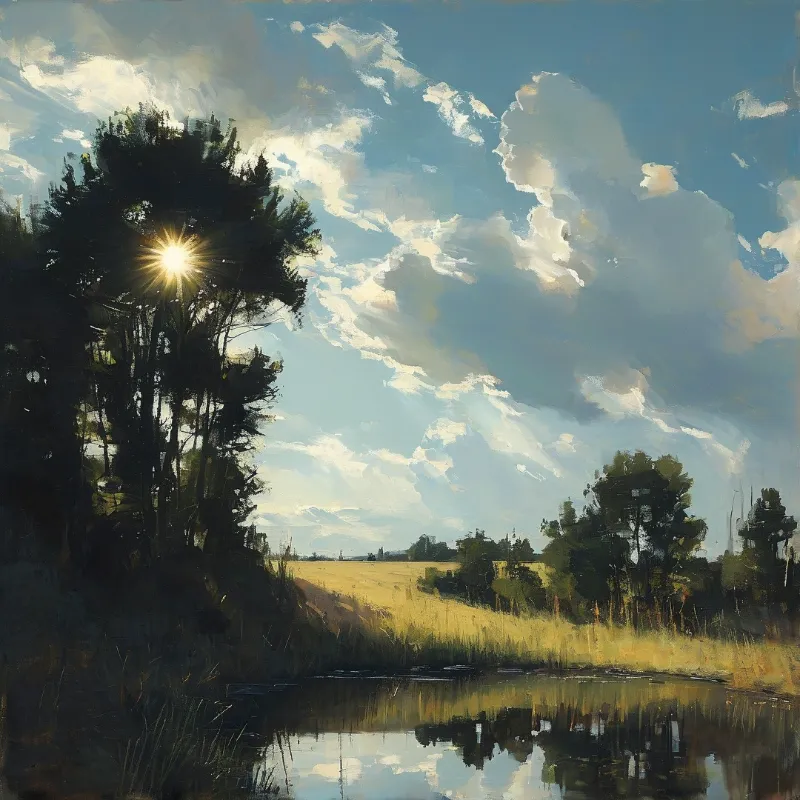 A bright sun shines through dark trees above a golden meadow reflected in calm water beneath a cloudy blue sky