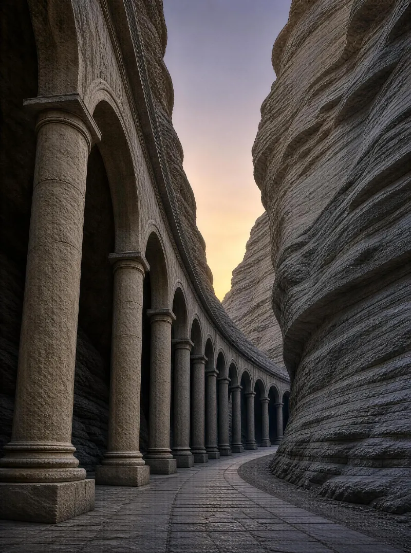 A long line of stone columns with arches winds through a narrow canyon, with warm sunset light illuminating the layered rock walls