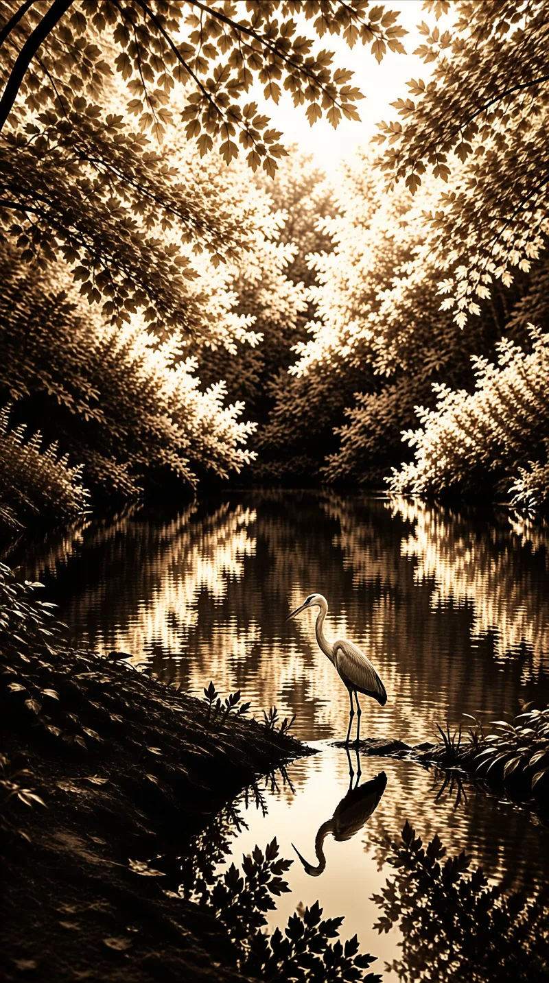 A wading bird stands on a rock in a pond framed by glowing leaves under a warm sepia tone with reflections in the water.