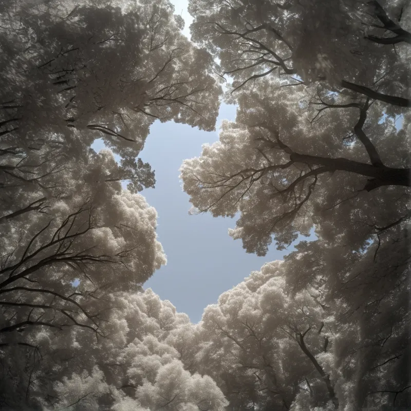 Looking up from below at a canopy of silvery white foliage and dark branches surrounding a pale blue sky opening.
