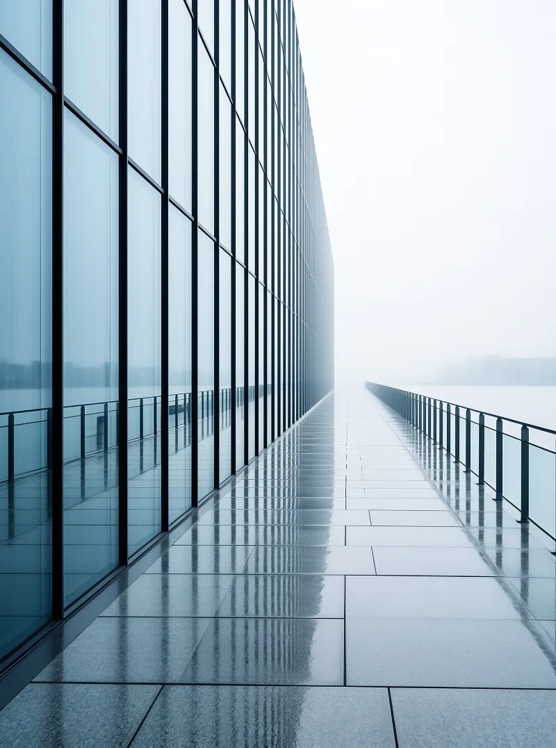 Modern Glass Walkway in Fog
