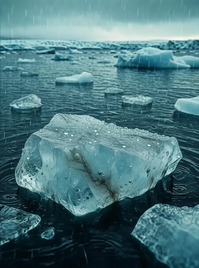 A large, translucent ice chunk with water droplets floating on dark water, surrounded by other icebergs, with rain falling in a polar landscape under a cloudy sky