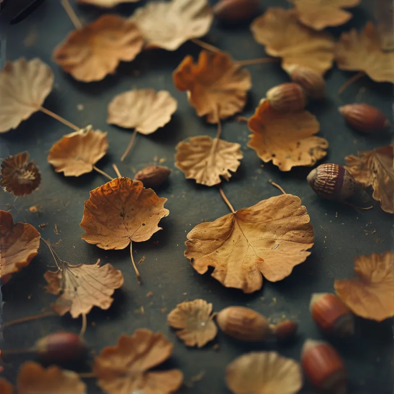A collection of dry brown oak leaves and acorns scattered across a dark textured surface with soft lighting.