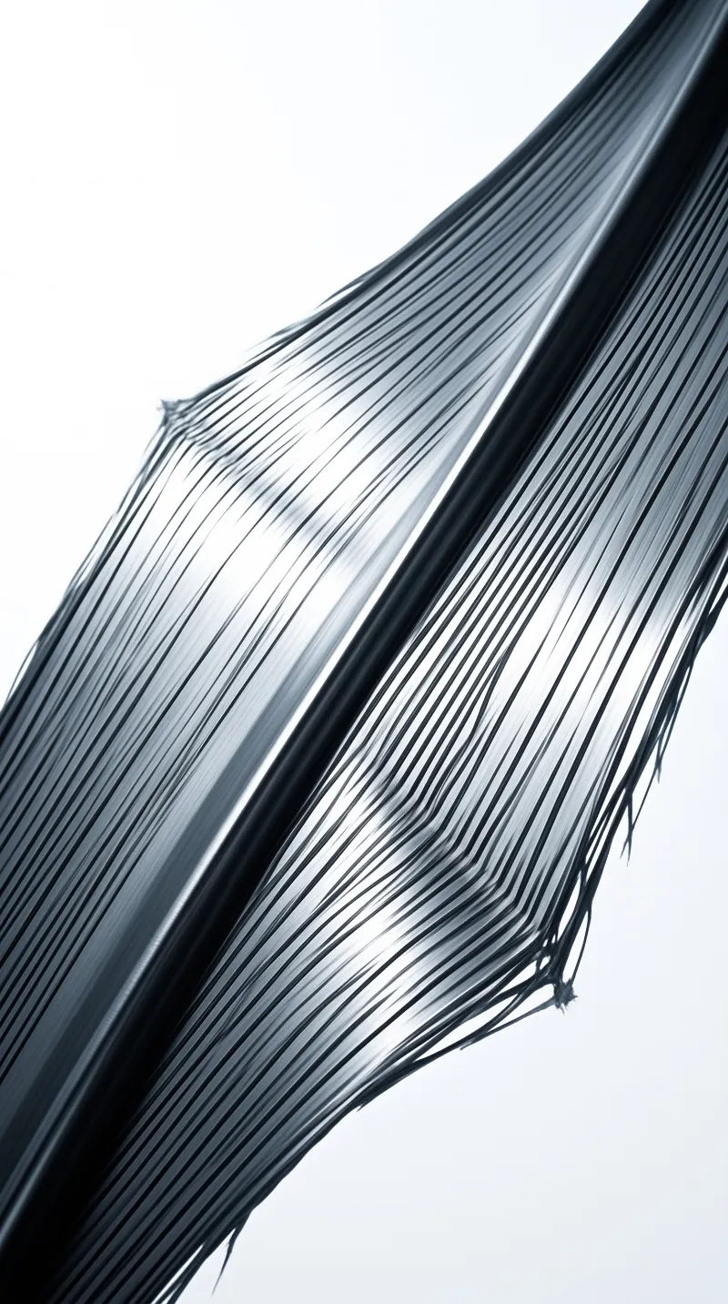 A close-up view of black carbon fiber strands stretching diagonally from the bottom left toward the top right corner against a plain white surface with glossy highlights reflecting off the smooth texture