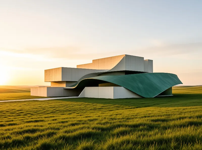 A cream massed museum block with a sweeping verdigris roof ribbon rests in rippled grass lit by early evening sun