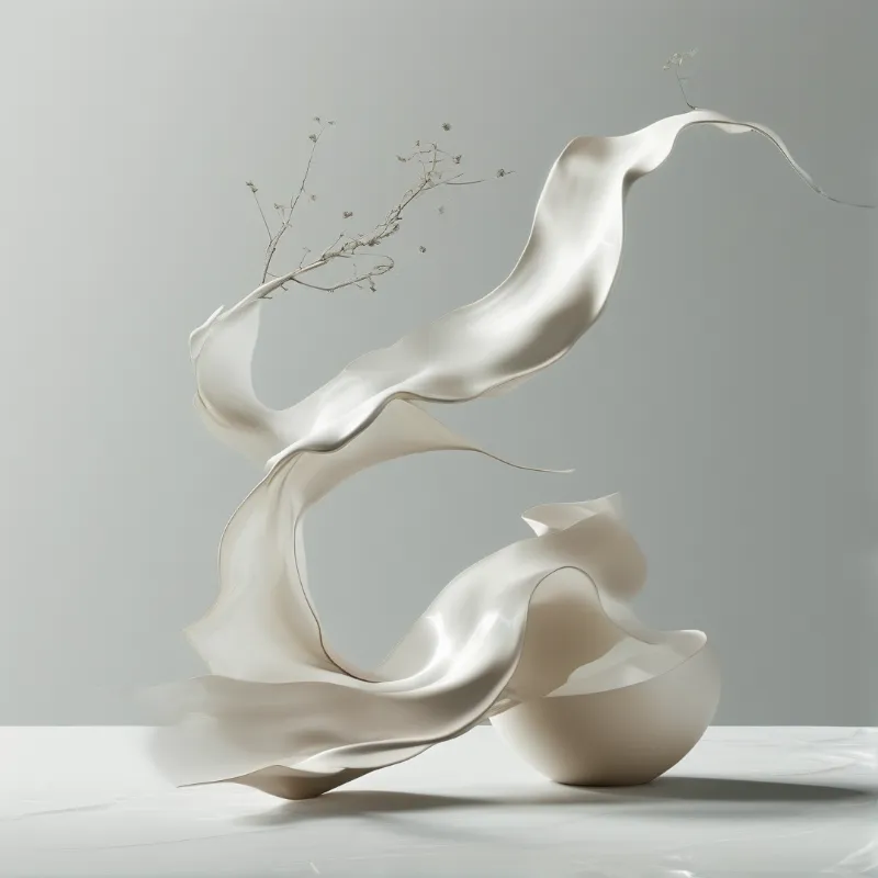 Flowing white silk sculpture twists through air, delicate dried branches emerging from curves against soft gray backdrop