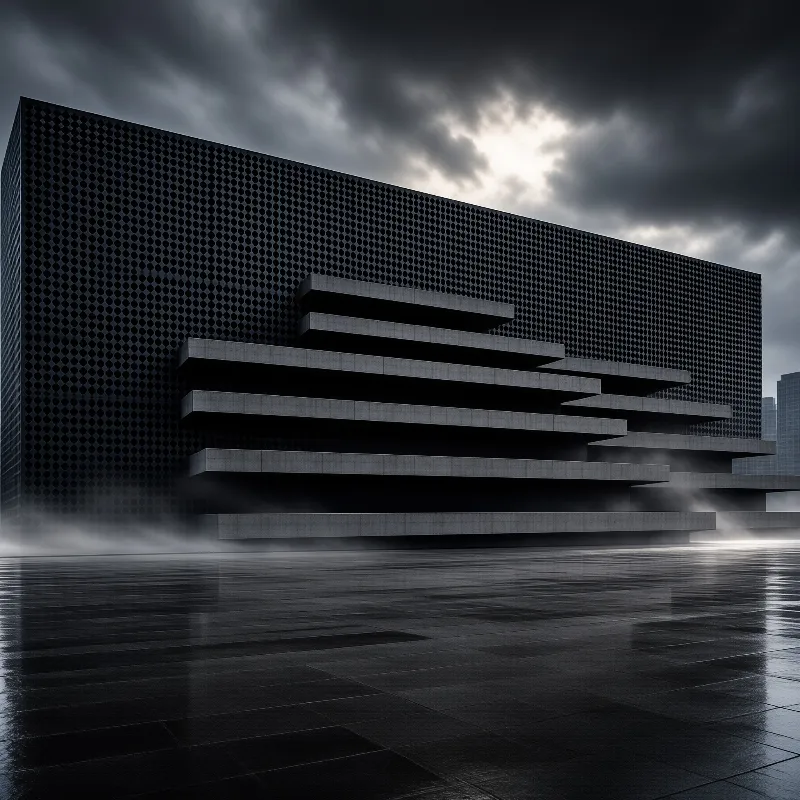 Cantilevered concrete shelves protrude from a dotted black wall as low mist drifts over a rain-slick plaza