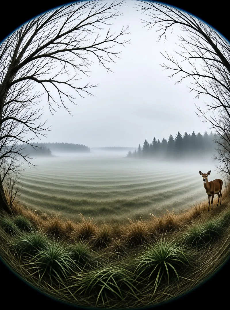 A brown deer stands in a misty field framed by bare trees within a circular view