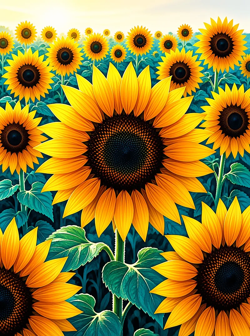 A massive central sunflower radiates yellow light against a backdrop of smaller blooms and deep blue-green foliage.