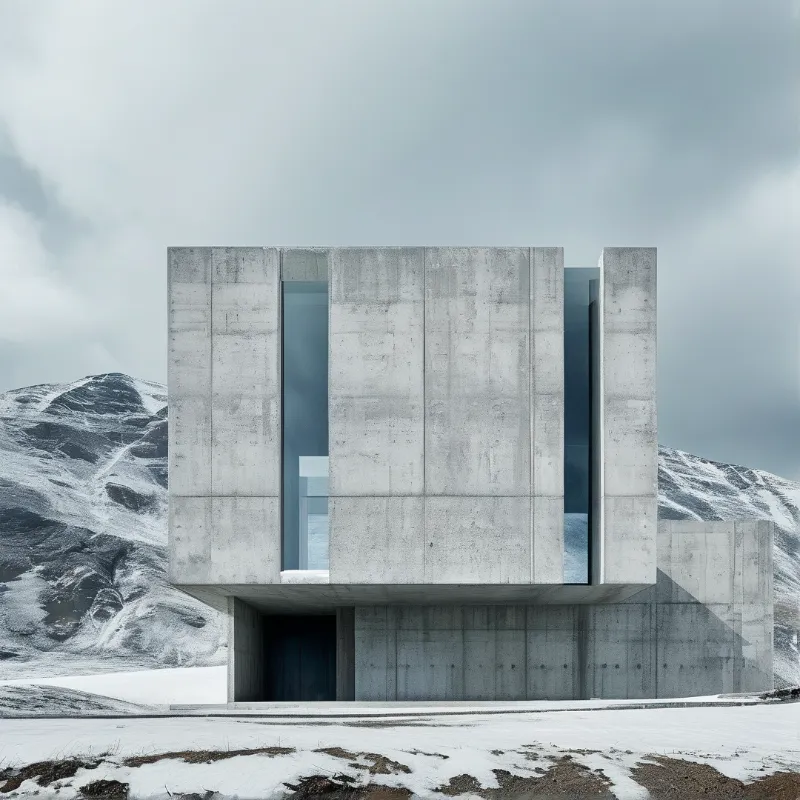 A geometric concrete structure stands isolated in a vast snowy environment under a cloudy grey sky.
